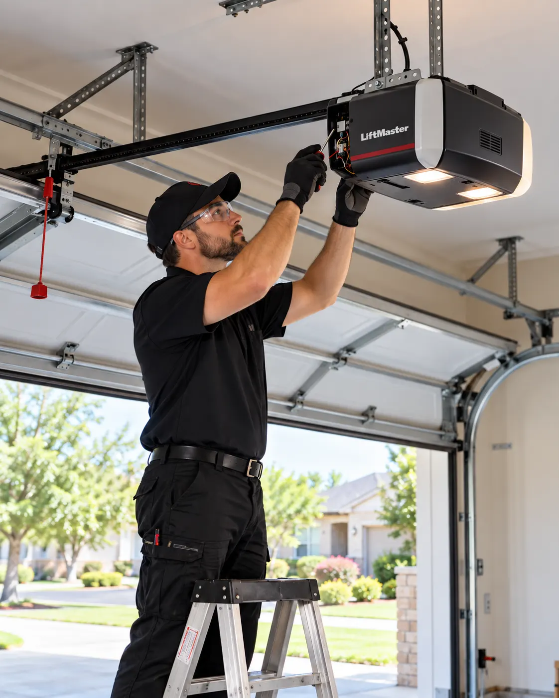 Technician servicing garage door opener — Opener repair