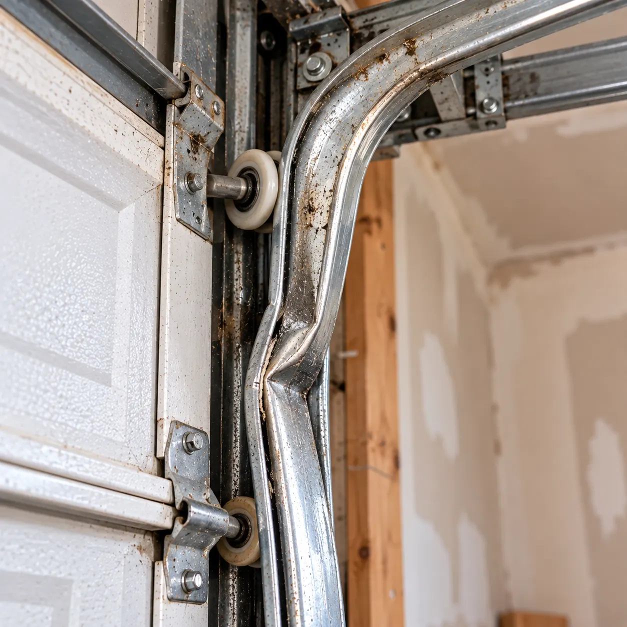 Bent garage door track before repair — Track repair