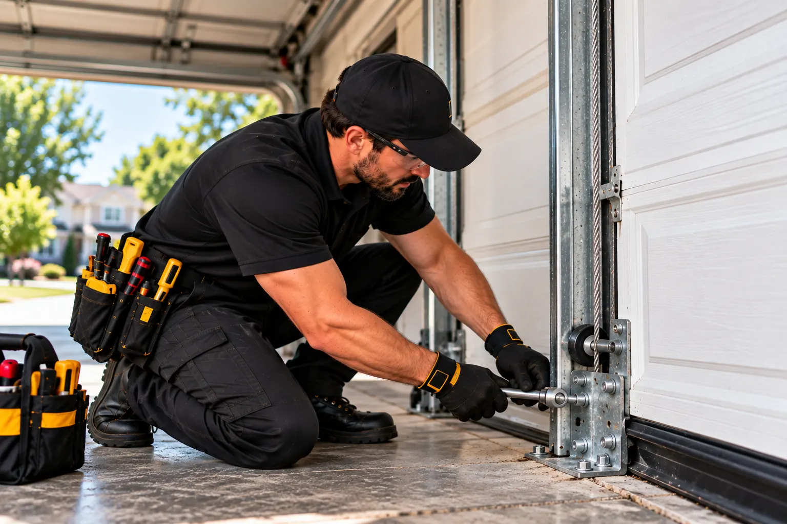Technician securing garage door bottom bracket — Cable repair