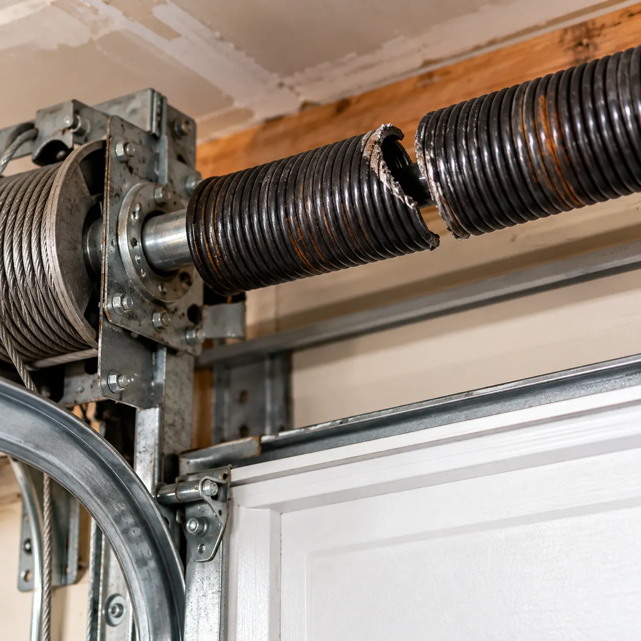 Broken torsion spring before repair — Spring repair