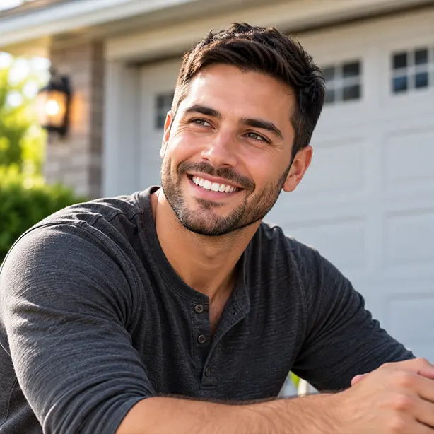 Man in charcoal shirt — Home