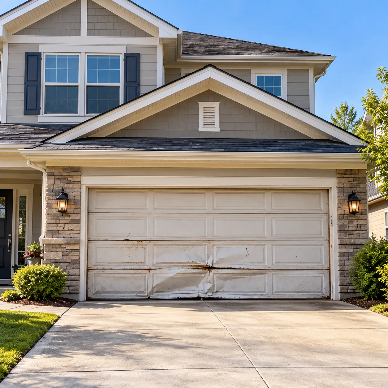 Damaged white garage door — Installation