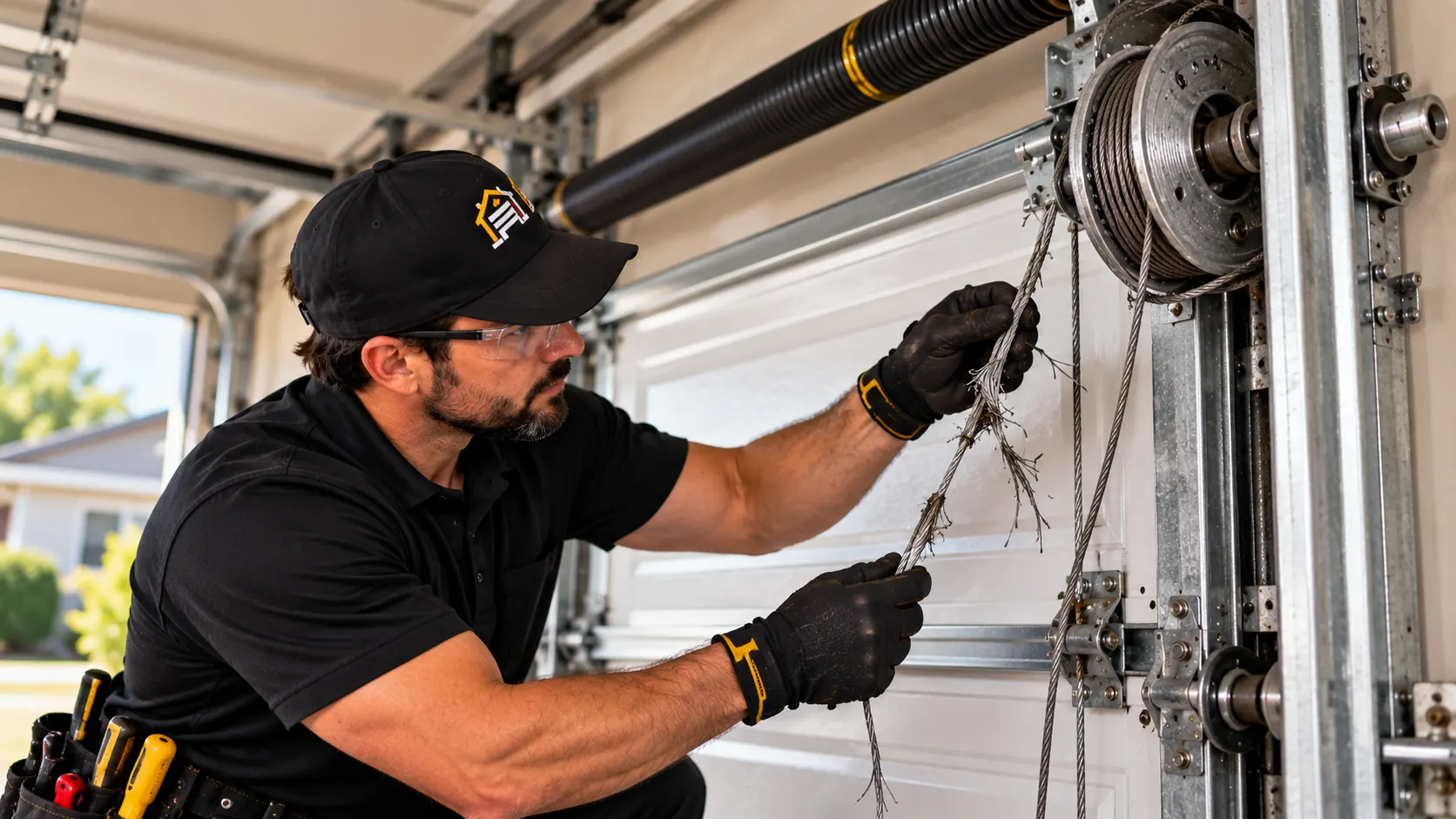 Damaged garage cable before repair — Cable repair