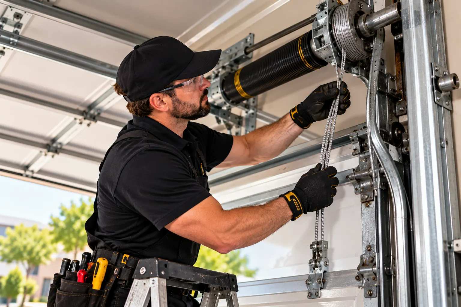 Technician replacing garage door cable — Parts