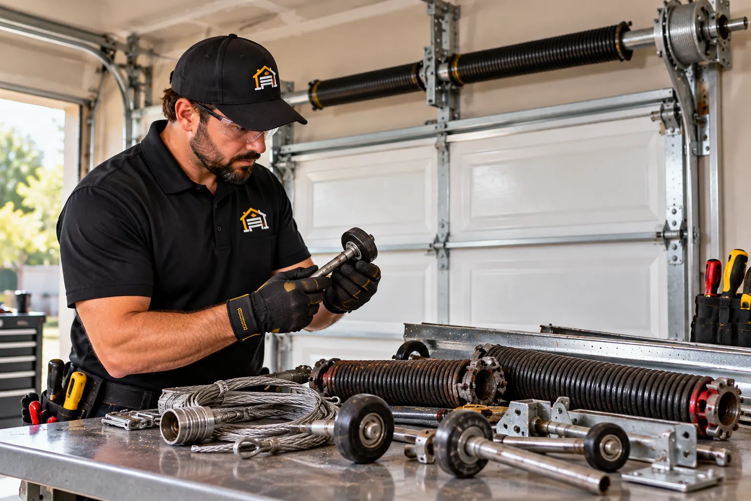 Technician inspecting garage door parts — Parts