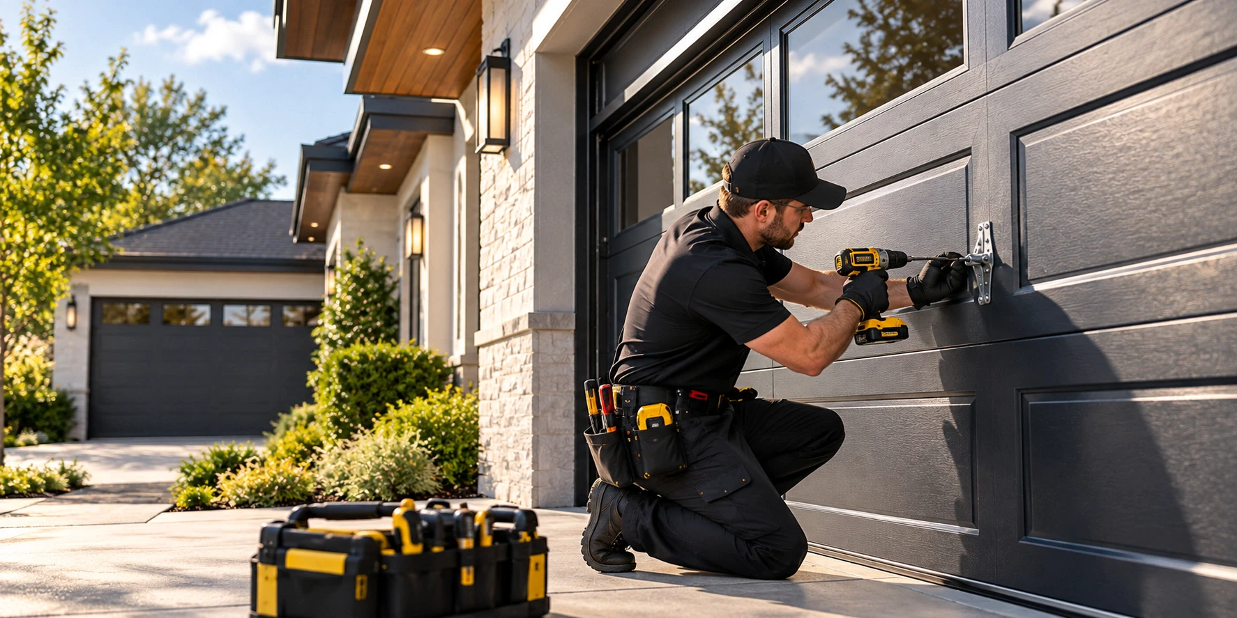 Technician beside dark garage — Home