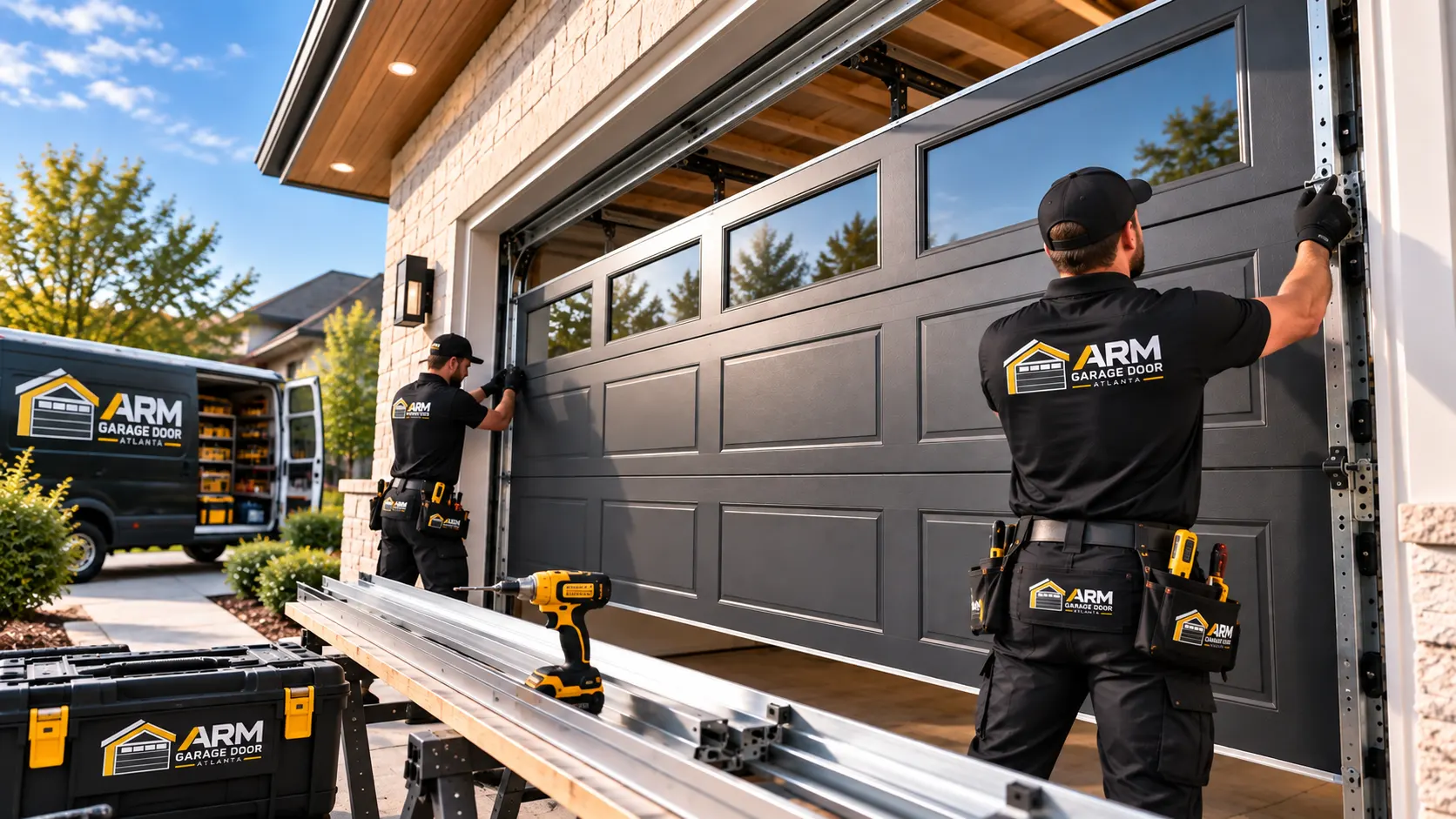 Technicians installing garage door — Installation