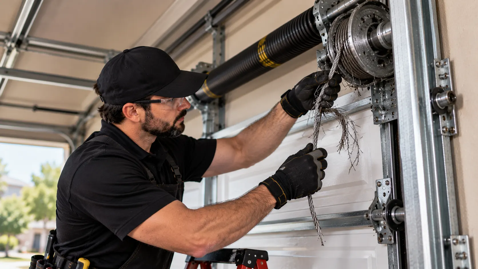 Technician removing frayed garage cable — Cable repair