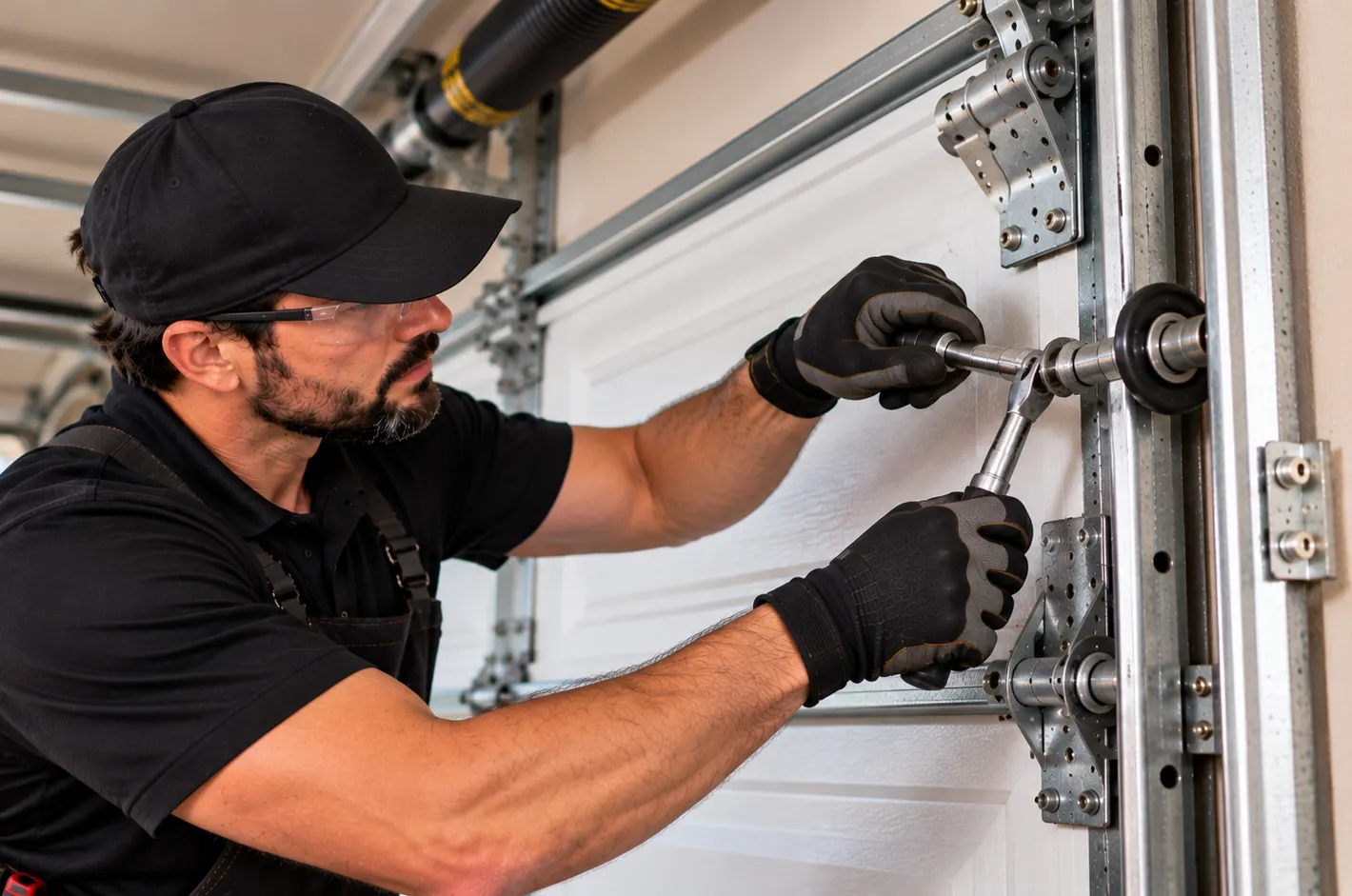 Technician aligning garage door roller stem — Roller repair
